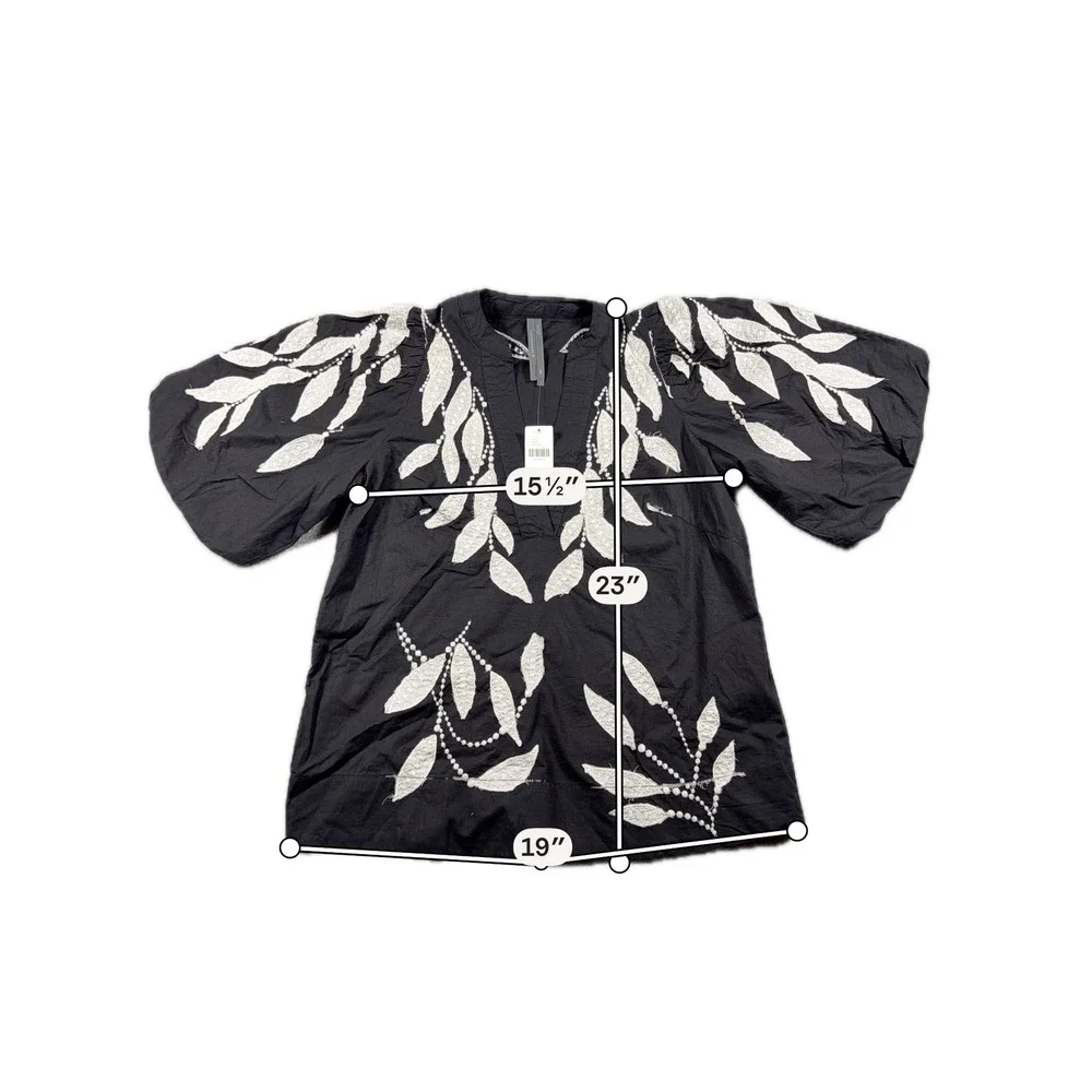 Anthropologie Puff Sleeve Blouse Women XXS Black Embroidered Split Neck NWT